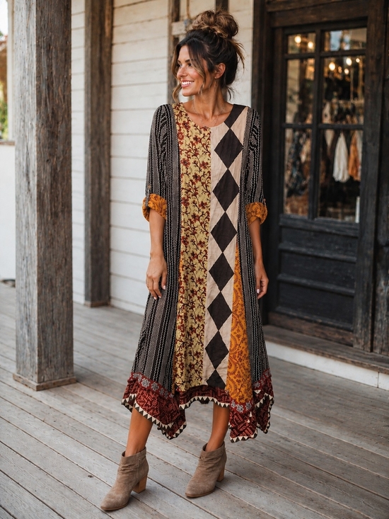 aari Dresses & Skirts - Boho Patchwork Maxi Dress Embroidered Paisley Geometric Earth Tone Hippie
